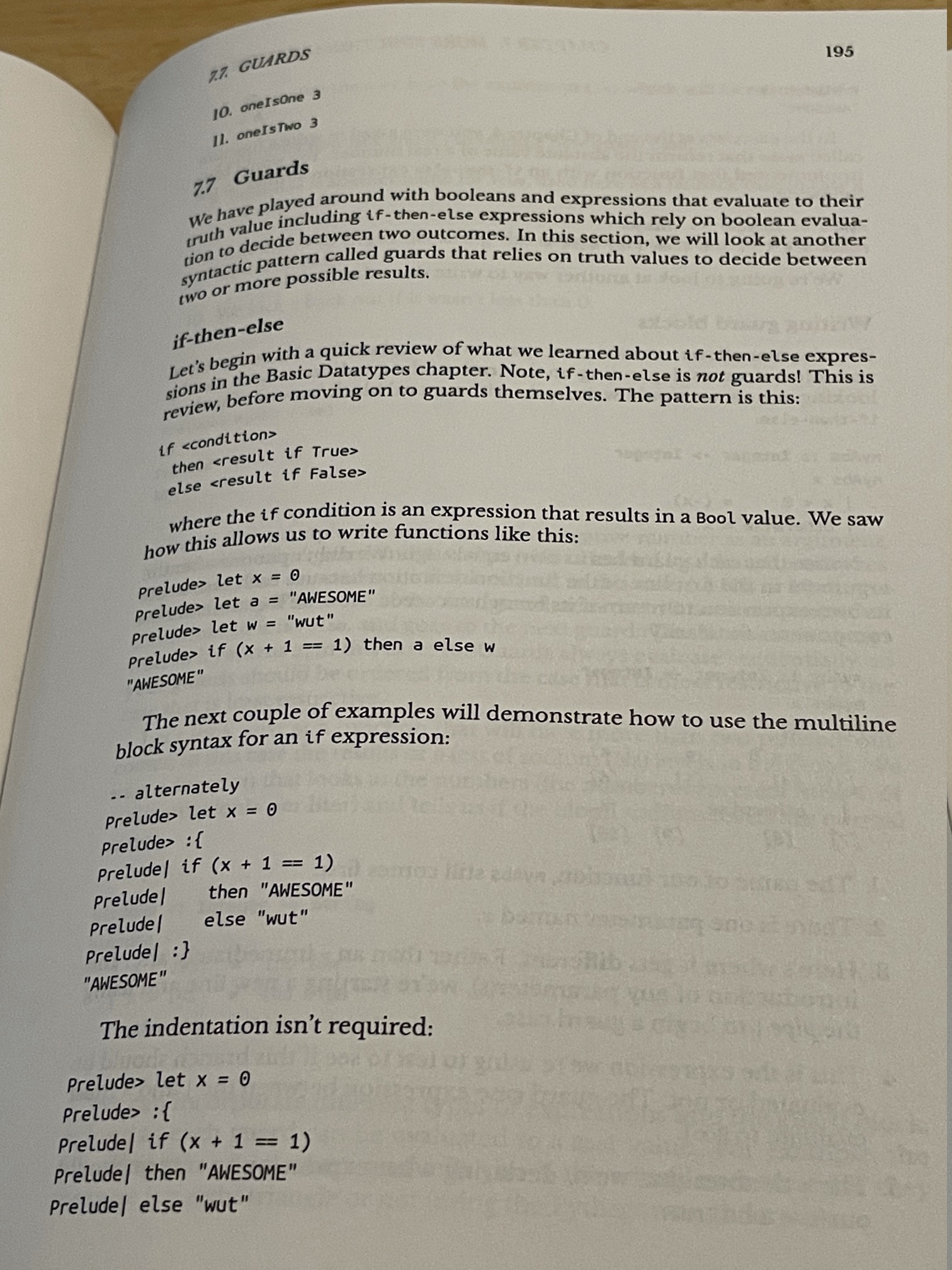 Image of Haskell Book print test copy, content page, section about guards