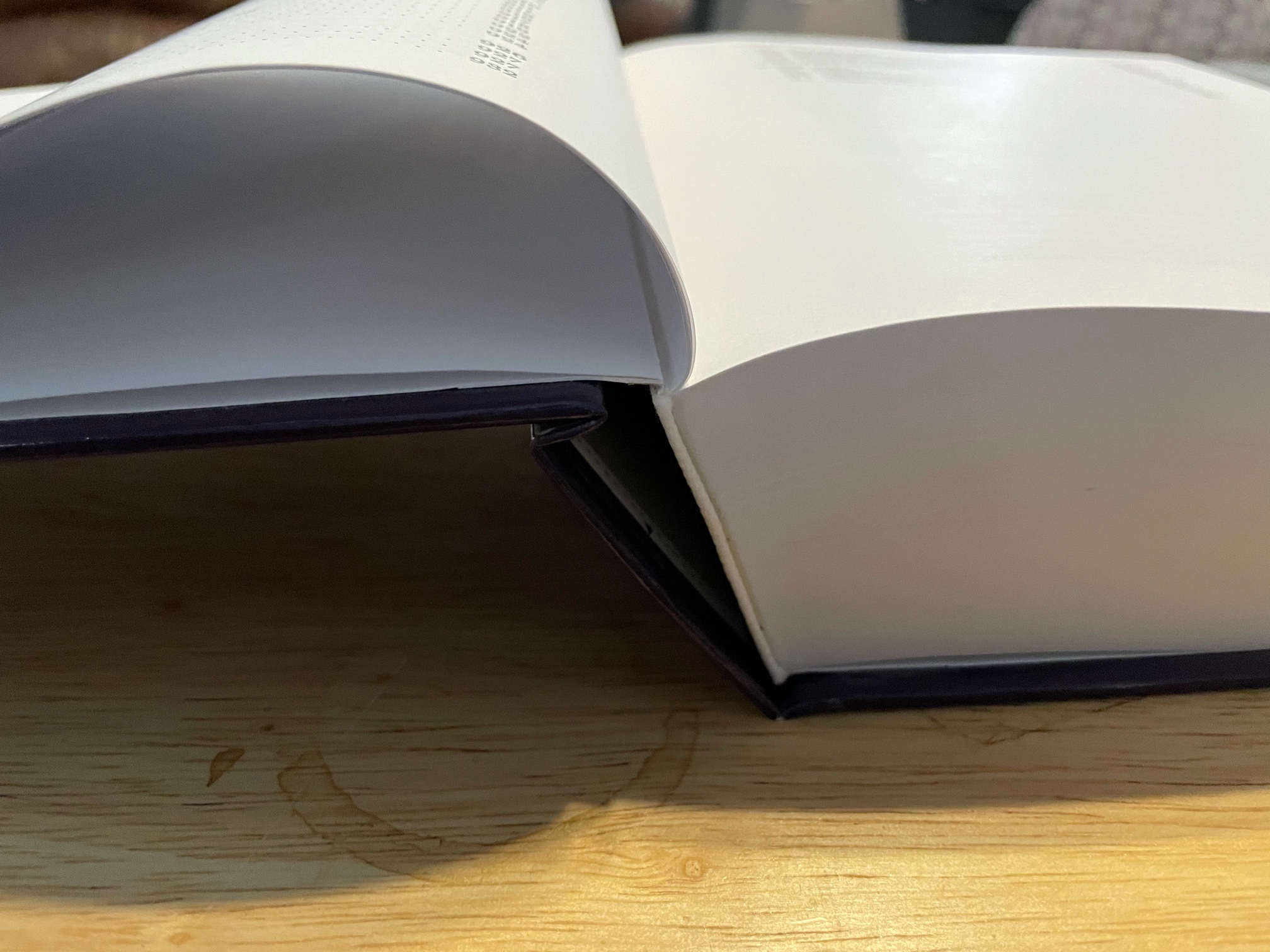 Image of Haskell Book print test copy, facing spine, demonstrating lay flat binding